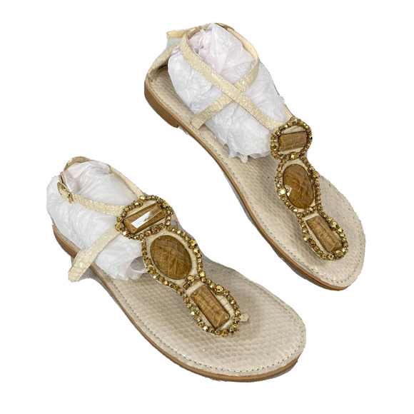 Arturo Chiang‎ Sandals Womens Sz 10 Ivory Snake Jeweled Leather Thong Laken NEW - Picture 1 of 6